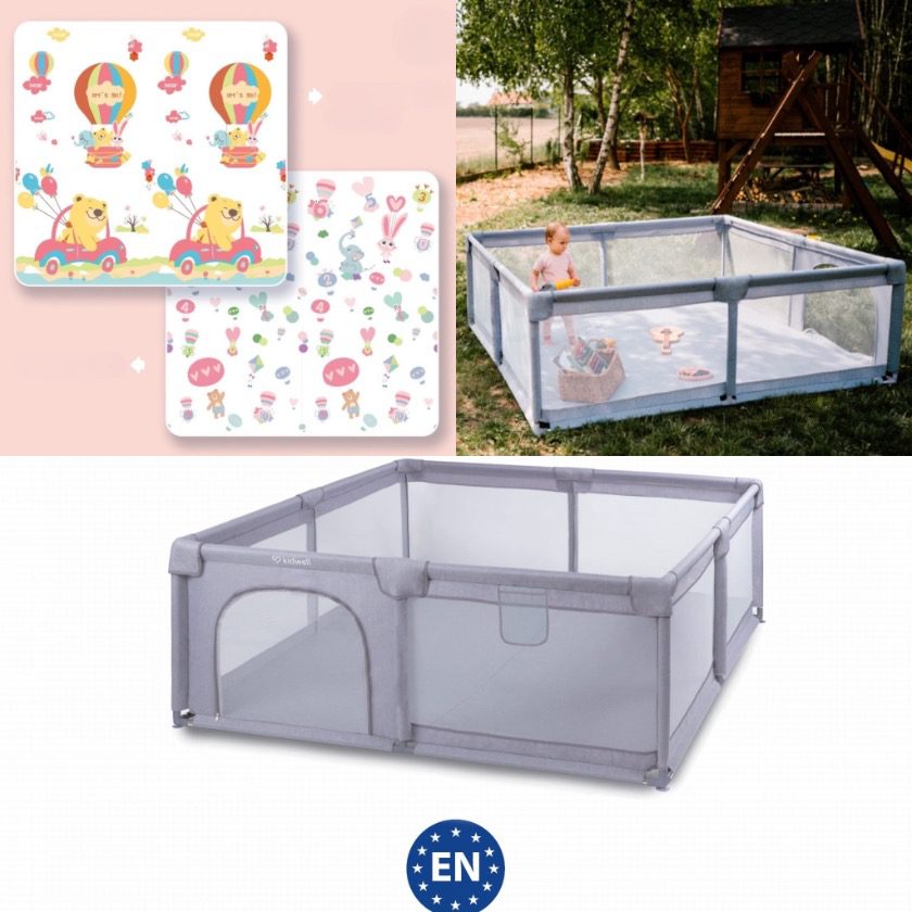 Playpen Bundle BUNDLE: Extra Large Playpen, Grey + PIRA Foldable & Reversible Extra Large Play Mat, Little Bear / Animal Voyages (200 x 180 cm)