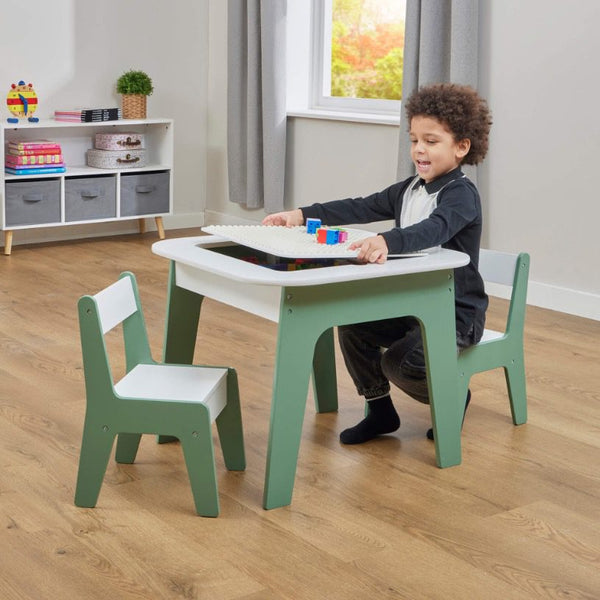 Liberty House Kids 4-in-1 Play Table and Two Chairs Set, White & Green