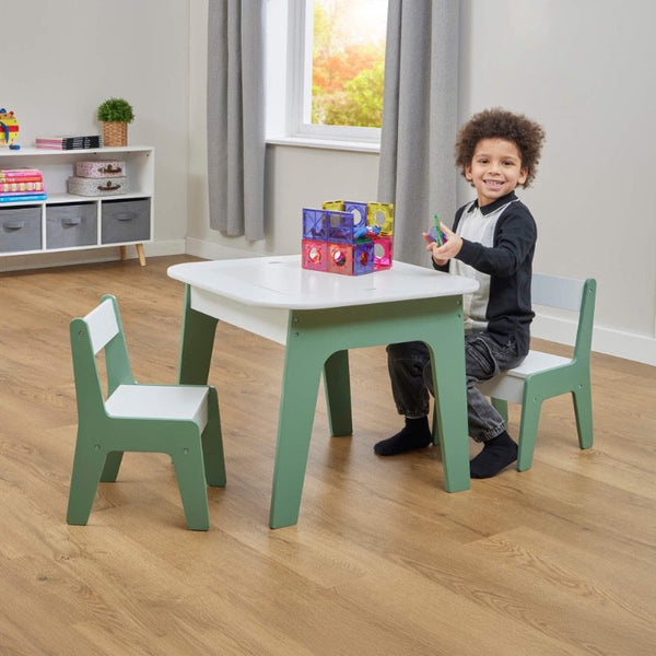 Liberty House Kids 4-in-1 Play Table and Two Chairs Set, White & Green