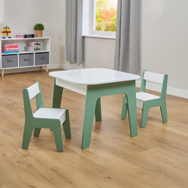 Liberty House Kids 4-in-1 Play Table and Two Chairs Set, White & Green