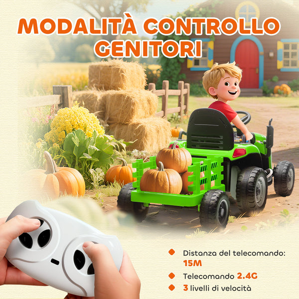 Electric Tractor for Children with Detachable Trailer and Remote Control, Made of Plastic and Metal, 139x58x55 cm, Green