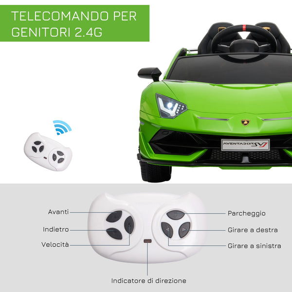 Electric Car for Children with Remote Control Lamborghini Aventador Brand, Ages 3-8 Years, Green