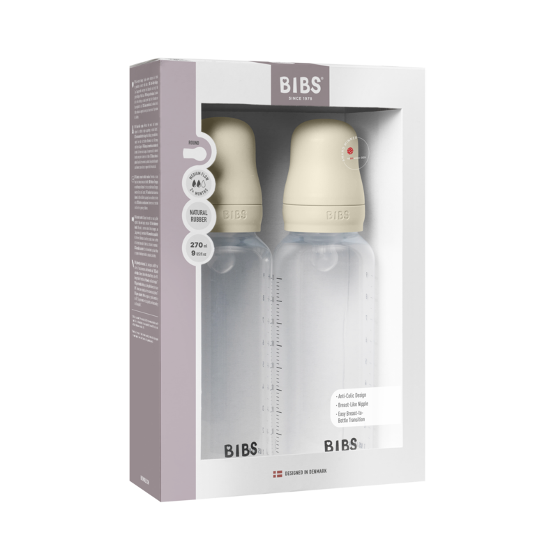 Bibs Baby Bottle Round Silicone 2 pack 270ml Medium Flow Ivory