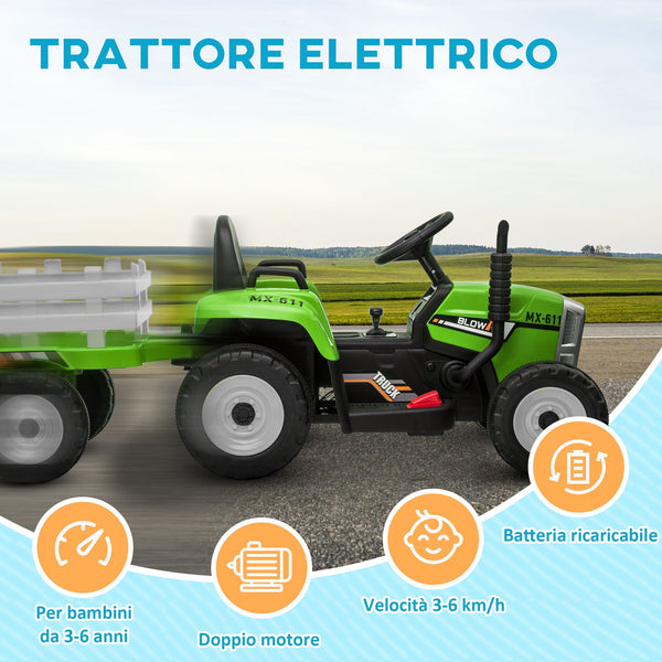 Electric Tractor for Children 3-6 Years with Removable Trailer, 12V Battery and Remote Control, Green