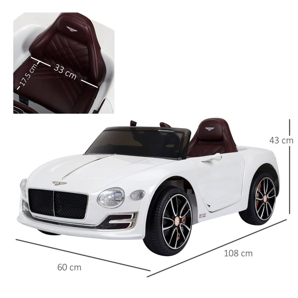 Bentley GT 6V Electric Ride-On Toy Car, Dual Motors, Remote Control, Horn, Sounds, Headlights and 2 Opening Doors, 2.5-5 km/h, for 3-5 Years Old, White