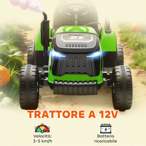 Electric Tractor for Children with Detachable Trailer and Remote Control, Made of Plastic and Metal, 139x58x55 cm, Green