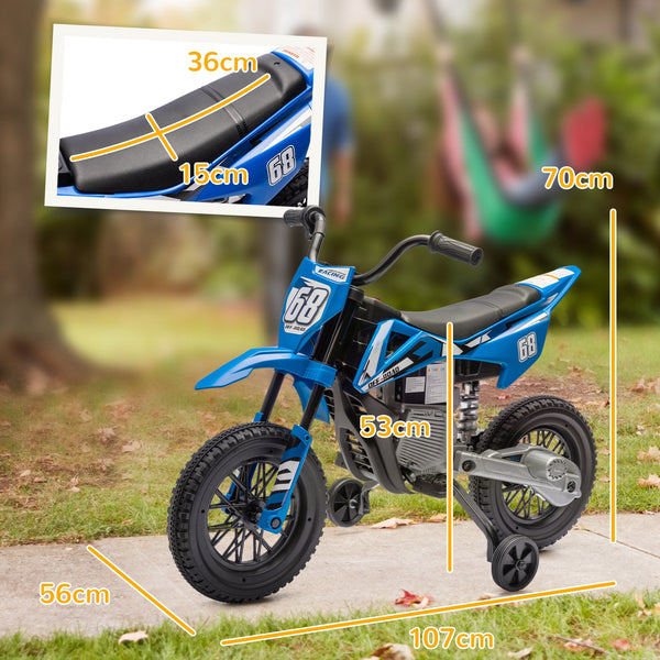 Electric Motorcycle for Kids with Removable Training Wheels, Suspension, Sounds and Charge Indicator, Blue