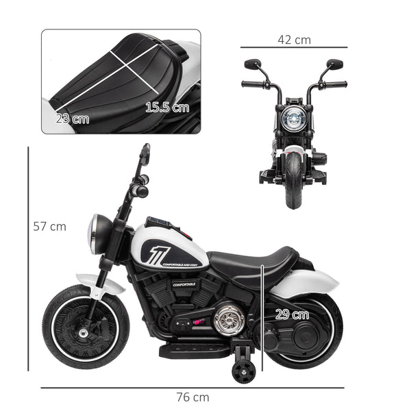 Electric Motorcycle for Children 18-36 Months with Training Wheels and Headlight, 76x42x57 cm, White and Black
