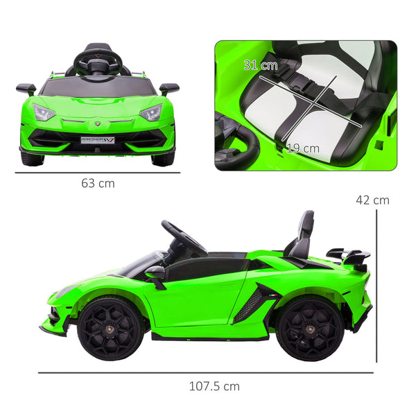 12V Electric Ride-On Toy Car for Kids with Lamborghini License, Horn and Remote Control, 107.5x63x42 cm, Green