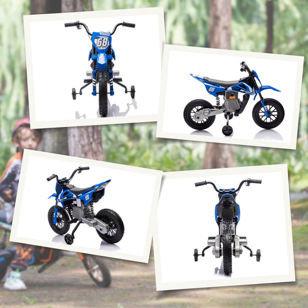 Electric Motorcycle for Kids with Removable Training Wheels, Suspension, Sounds and Charge Indicator, Blue