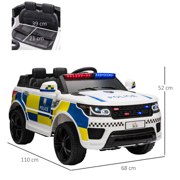 Electric Police Car for Kids, 12V Battery and Remote Control, Siren Lights USB Connection for Music, 110x68x52cm, White
