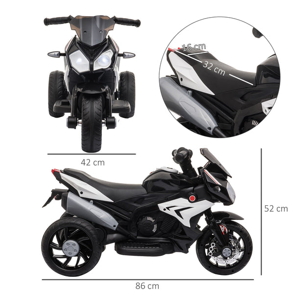 Electric Motorcycle for Children 3-5 Years Max. 25kg with Lights, Music, 6V Battery and 3km/h Speed, 86cm x 42cm x 52cm Black