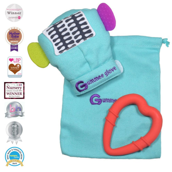 Gummee Glove Teething Mitten & Heart Shaped Ring, Turqoise