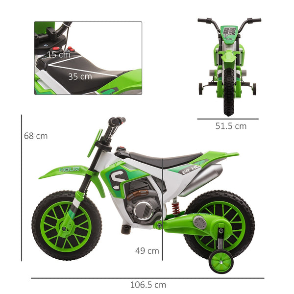 electric cross motorcycle for children for 3-5 years, rechargeable 12V battery and removable wheel, 106.5x51.5x68cm, green