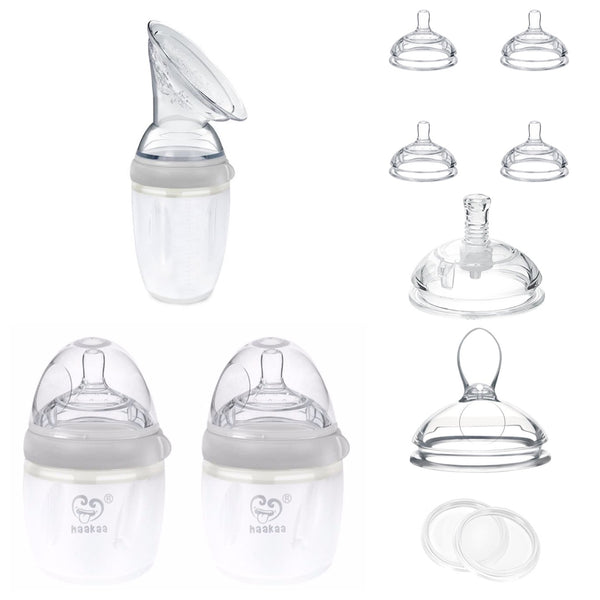 Haakaa Generation 3 Super BUNDLE: 1 Silicone Breast Pump 250ml; 2 Baby Bottles 160ml; 4 Extra Teats; 1 Sippy Spout; plus 2 FREE Bottle Sealing Disks & 1 FREE Feeding Spoon (save €23)