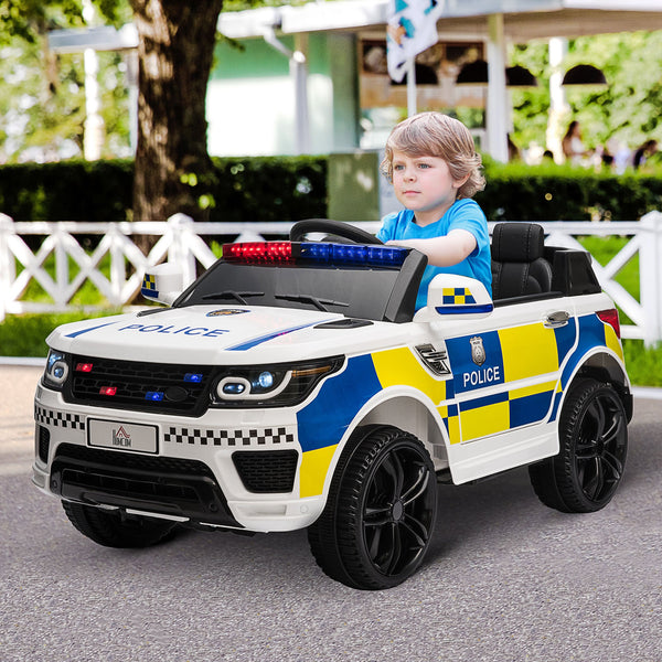 Electric Police Car for Kids, 12V Battery and Remote Control, Siren Lights USB Connection for Music, 110x68x52cm, White