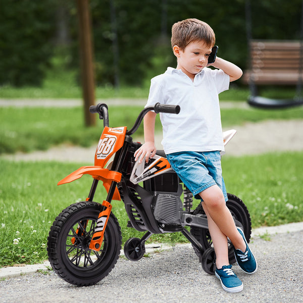 Electric Motorcycle for Kids with Removable Training Wheels, Suspension, Sounds and Charge Indicator, Orange