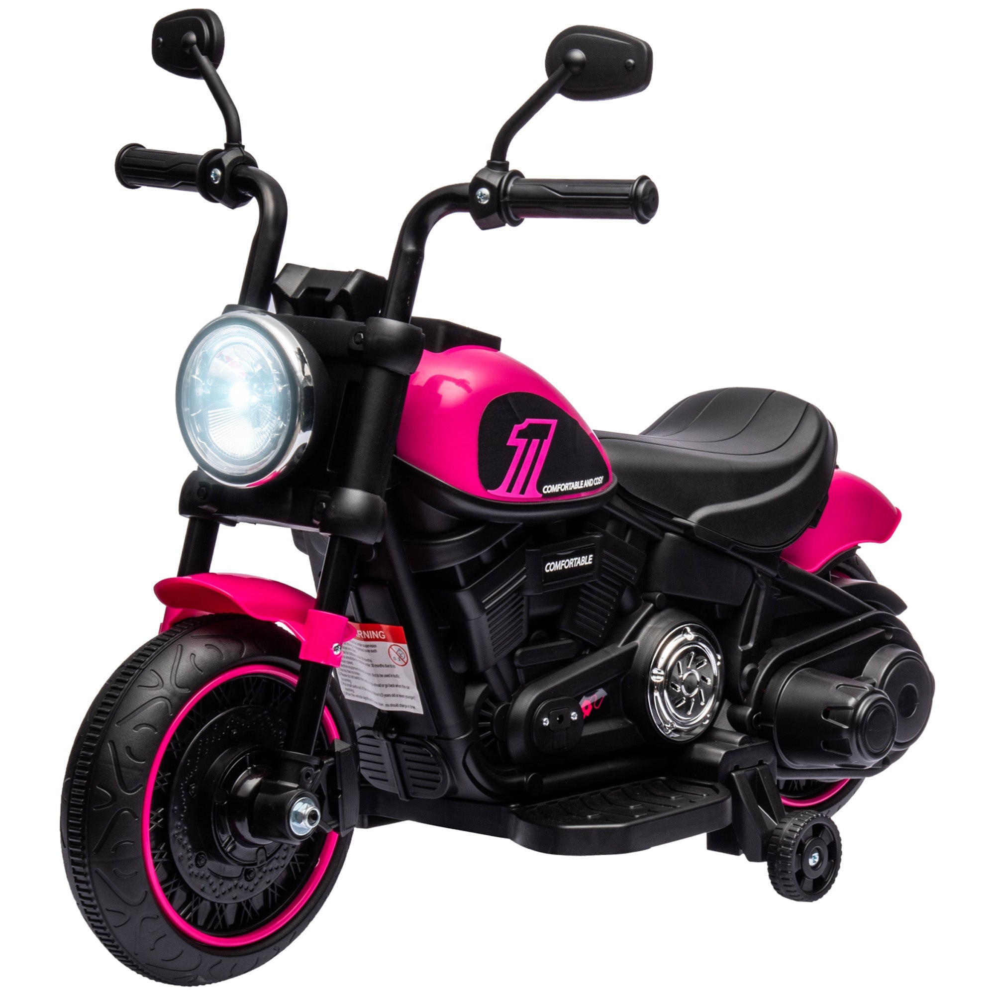 Electric Motorcycle for Children 18-36 Months with Wheels and Headlight, 76x42x57 cm, Pink and Black