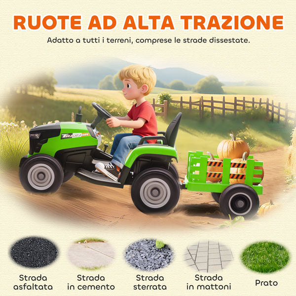 Electric Tractor for Children with Detachable Trailer and Remote Control, Made of Plastic and Metal, 139x58x55 cm, Green