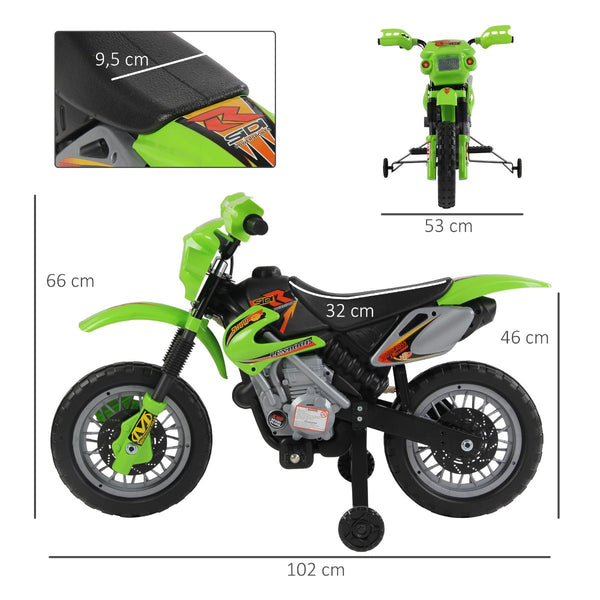 Moto Electric Cross with green wheels for children 3 years and more, 6v speed 6v 2.5km/h battery, 102 x 53 x 66cm