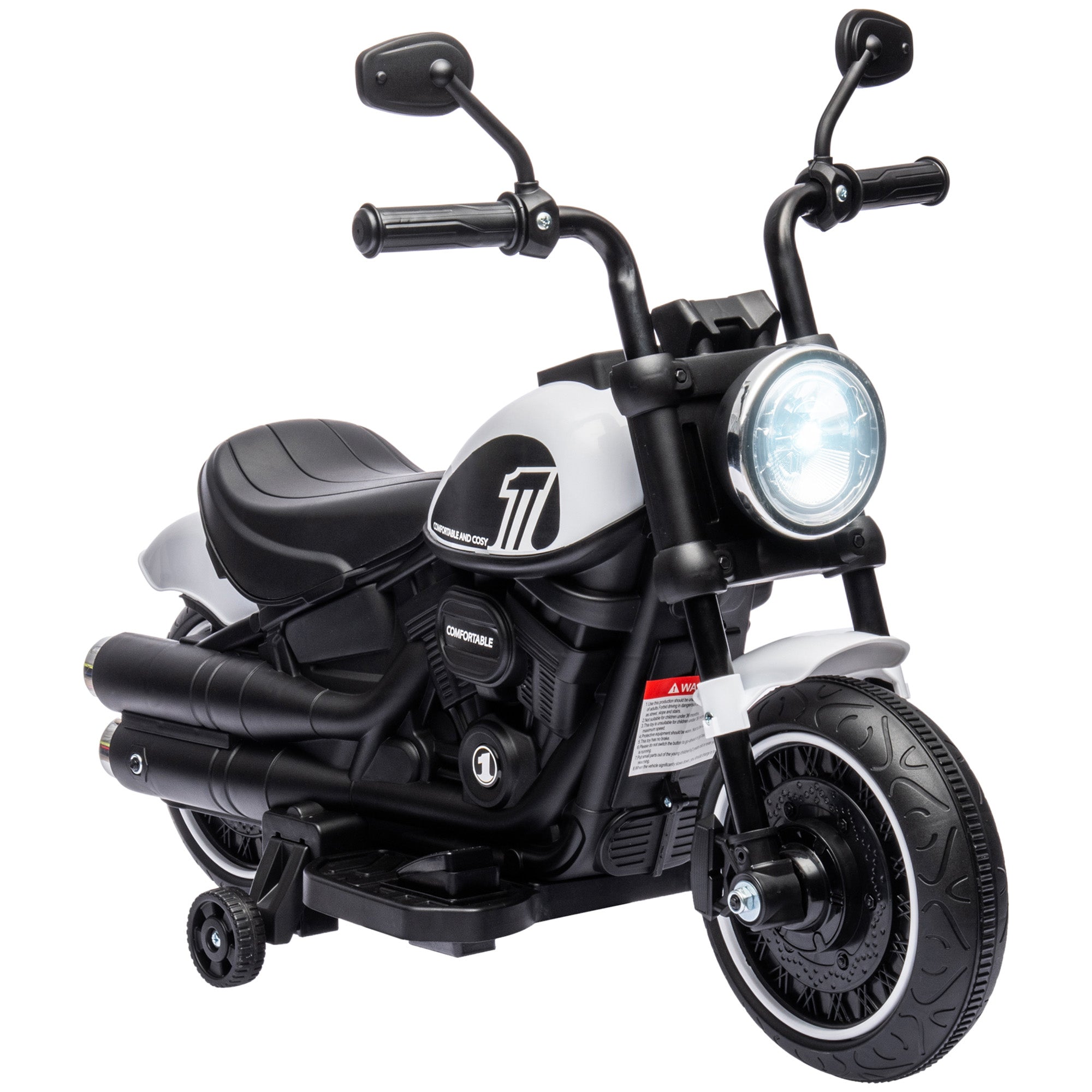 Electric Motorcycle for Children 18-36 Months with Training Wheels and Headlight, 76x42x57 cm, White and Black