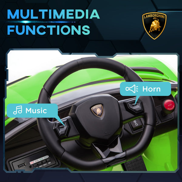 12V Electric Ride-On Toy Car for Kids with Lamborghini License, Horn and Remote Control, 107.5x63x42 cm, Green