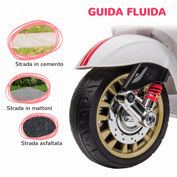 Licensed Children's Electric Motorcycle Vespa with Wheels, Headlight and Music, in PP and Metal, 107x47x73 cm, White