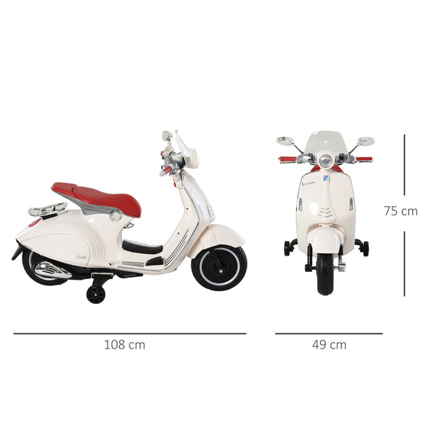 Officially Licensed Vespa Electric Motorcycle for Kids, 2 Wheels, Lights and Sounds, 108x49x75 cm, White
