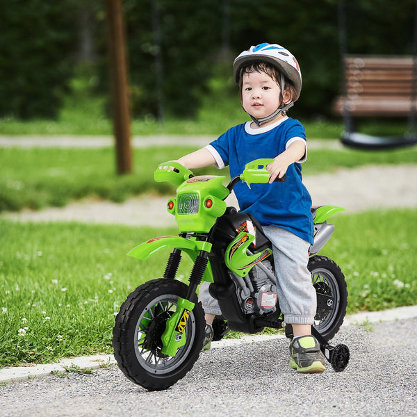 Moto Electric Cross with green wheels for children 3 years and more, 6v speed 6v 2.5km/h battery, 102 x 53 x 66cm