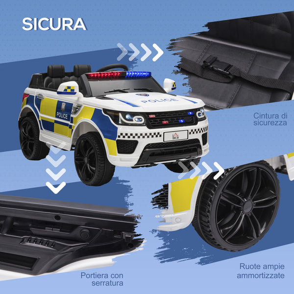 Electric Police Car for Kids, 12V Battery and Remote Control, Siren Lights USB Connection for Music, 110x68x52cm, White