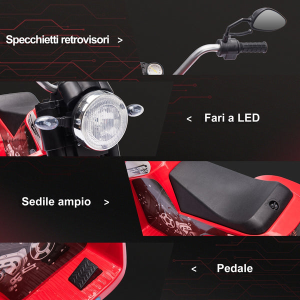 electric motorcycle for 3-wheeled children with lights and sounds, 6V rechargeable battery, speed 2 km/h, for children of 18-36 months, 72x57x56cm red