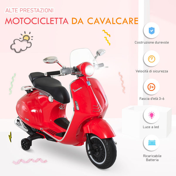 Officially Licensed Vespa Electric Ride-On Motorcycle for Kids, 2 Wheels, Lights and Sounds, 108x49x75 cm, Red