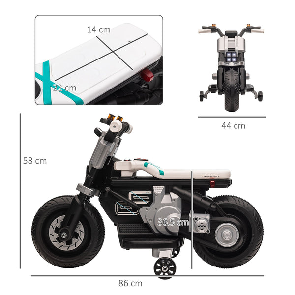 Electric Motorcycle for Children 3-5 Years in PP and Metal with Wheels, Horn and Music, 86x44x58 cm, White and Black