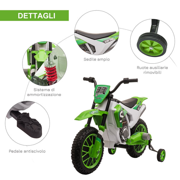 electric cross motorcycle for children for 3-5 years, rechargeable 12V battery and removable wheel, 106.5x51.5x68cm, green