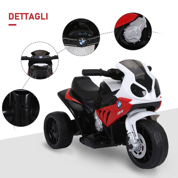 electric motorcycle for children max. 20kg with bmw license, 3 wheels, 6V rechargeable battery, red white, 66x37x44cm