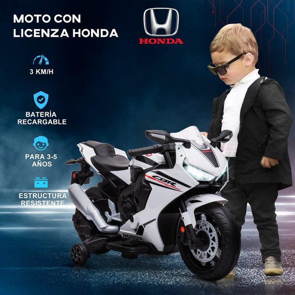 Honda Licensed Electric Motorcycle for Kids, 6V Rechargeable Battery, 3km/h Speed, White