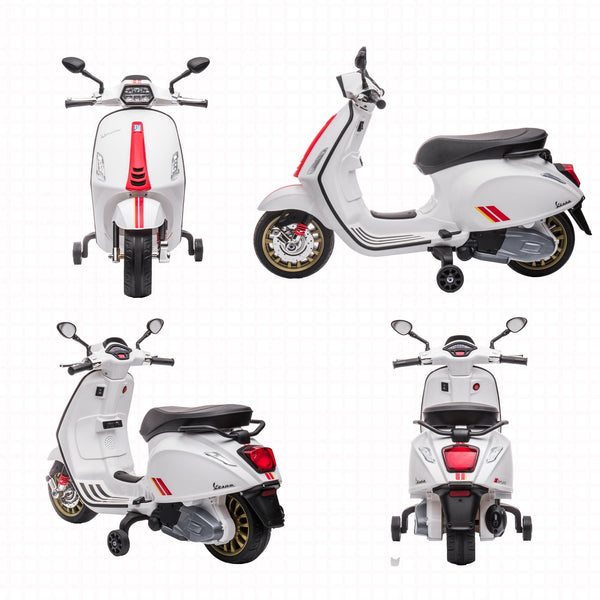 Licensed Children's Electric Motorcycle Vespa with Wheels, Headlight and Music, in PP and Metal, 107x47x73 cm, White