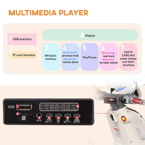 Officially Licensed Vespa Electric Motorcycle for Kids, 2 Wheels, Lights and Sounds, 108x49x75 cm, White