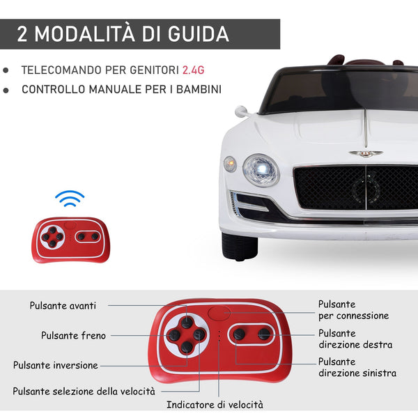 Bentley GT 6V Electric Ride-On Toy Car, Dual Motors, Remote Control, Horn, Sounds, Headlights and 2 Opening Doors, 2.5-5 km/h, for 3-5 Years Old, White
