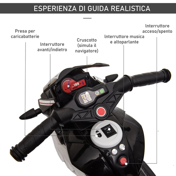 Electric Motorcycle for Children 3-5 Years Max. 25kg with Lights, Music, 6V Battery and 3km/h Speed, 86cm x 42cm x 52cm Black