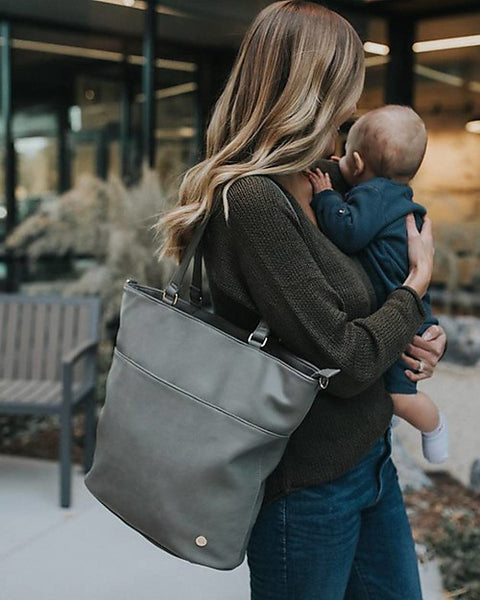 Citywalk Faux Leather Changing Bag - Light Gray - Includes travel changing mat and stroller hooks!
